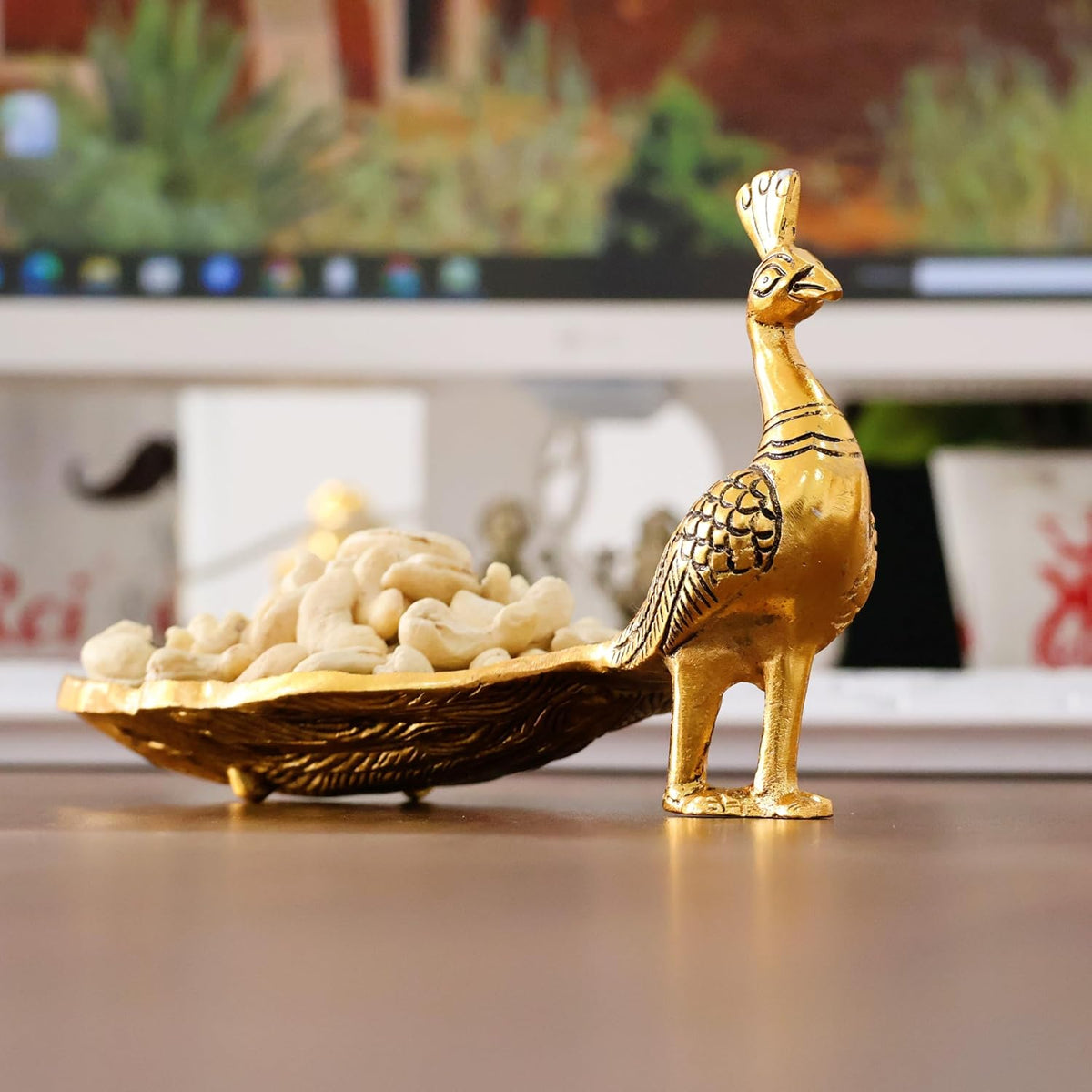 KridayKraft Hand Crafted Metal Duck Wing Shape Tray Perfect for Home Centre Table Serving Dry Fruits (Golden, Pack of 1)