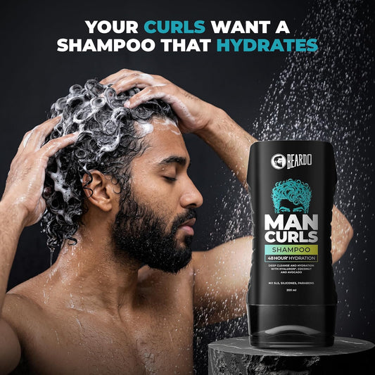 Beardo Man Curls Shampoo for Frizzy, Dry, Wavy & Curly Hair | Moisturizing Gentle Cleanser | Infused with Hyaluron, Avocado & Coconut | Sulphate, Silicone & Parabens Free | 200ml
