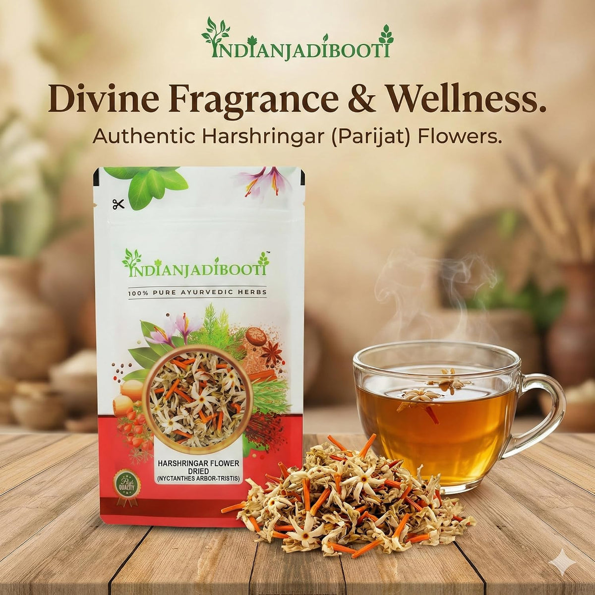IndianJadiBooti Pure Harshringar Flowers (Parijat) | Nyctanthes Arbor-Tristis | Premium Ayurvedic Herb for Joint Mobility & Soothing Herbal Tea | 100% Raw Jadi Booti | FSSAI Licensed (50g)