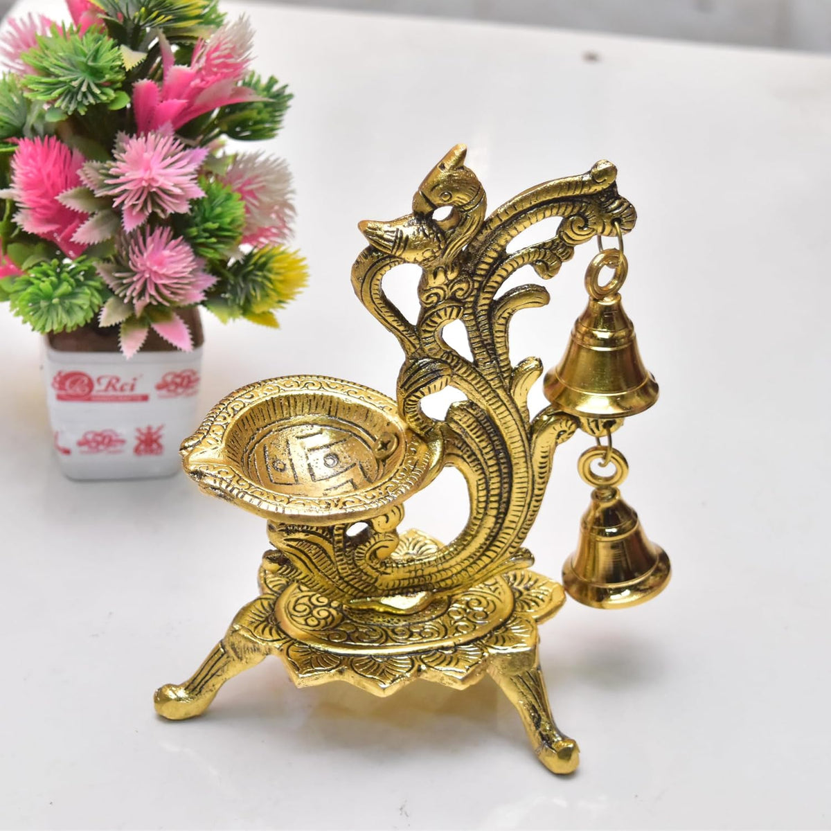 KridayKraft Aluminium Diya for Puja Room Oil Lamp in Peacock Design with Bell (Gold, Pack of 1 Pcs)