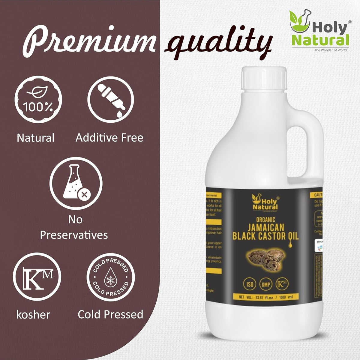 Holy Natural Organic Jamaican Black Castor Oil 1 Liter | Pure Cold Pressed Castor Oil | Moisturizes Scalp, Hair, Beard, Nails & Skin | Natural Beauty Oil