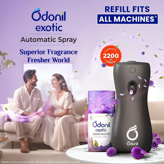 DABUR Odonil Exotic Automatic Spray - 225Ml |Sensual Dahlia |2X Long Lasting |Fits all Machines | 2200 Sprays Guaranteed |Lasts Upto 60 Days |Suitable for Washroom, Gym area, Living Room & Office