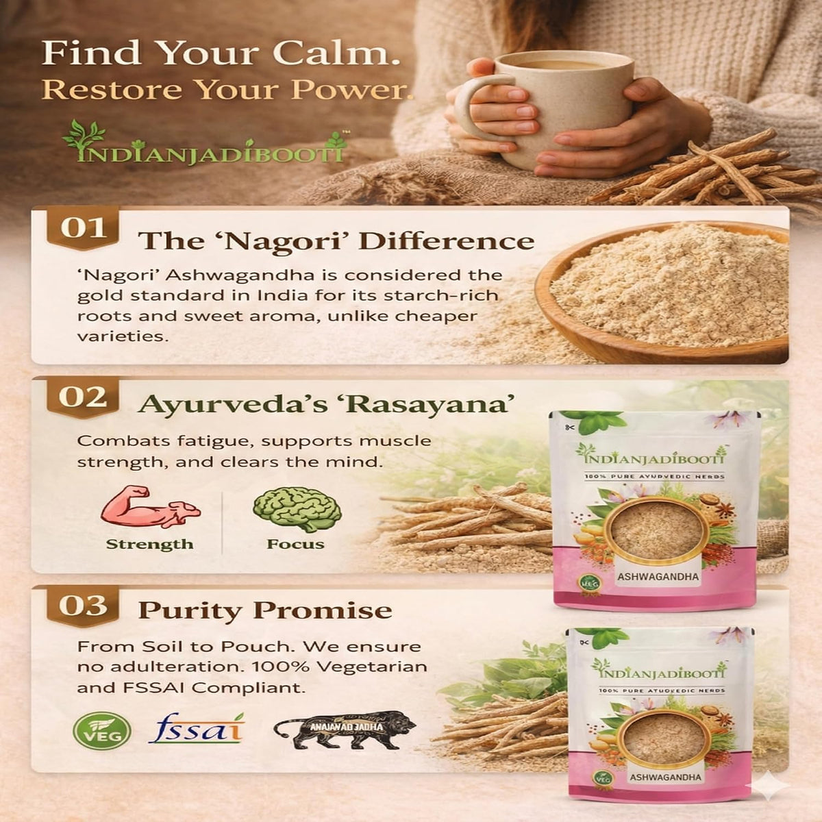 IndianJadiBooti Ashwagandha Powder 250g (Asgandh Nagori) | Pure Withania Somnifera Root Churna | Supports Stress Relief, Daily Energy & Restful Sleep | Natural Vata Balance