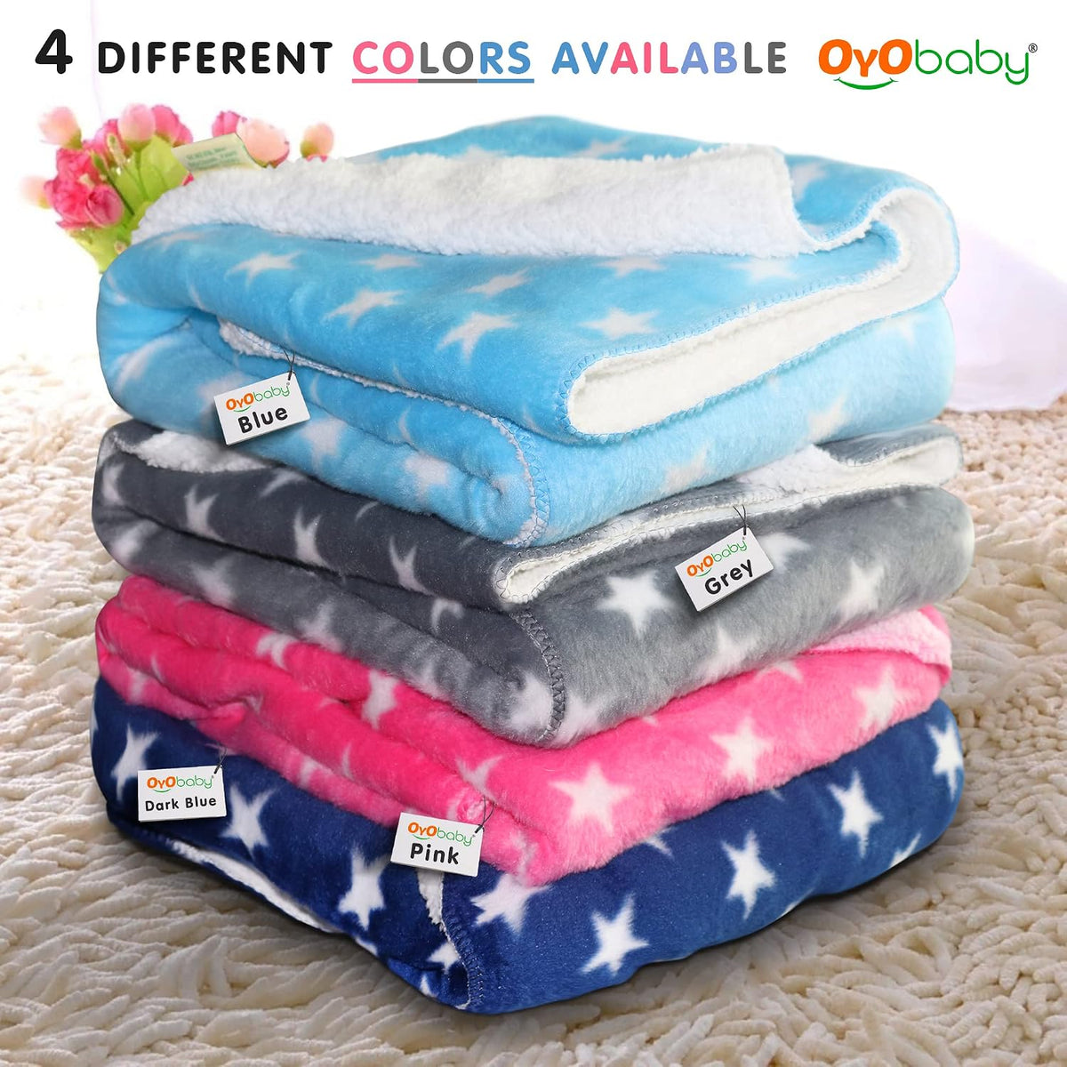 OYO BABY Baby Square Blankets Combo | for New Born Babies Baby Boys, Baby Girls, Babies for 0-6 Months, Fleece, Skin Friendly, 2 Blankets (Star Grey + Star Dark Blue)