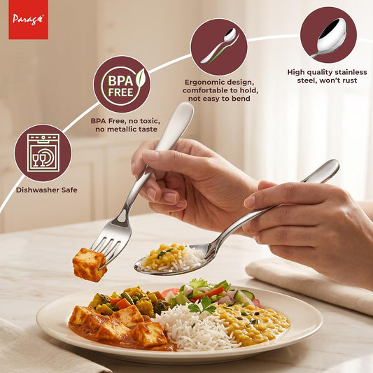 Parage Tiara Stainless Steel Spoon Fork Set of 12, 6 Dinner Spoons 6 Dinner Forks with 2mm Thickness Heavy Gauge Cutlery Set, Mirror Finish Tableware for Home Kitchen Dining