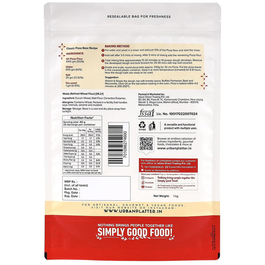 Urban Platter '00' Pizza Flour, 1kg (Superfine Durum Wheat for Soft & Stretchy Dough | Professional-Grade | Maida-Free | Perfect for Homemade Pizza)