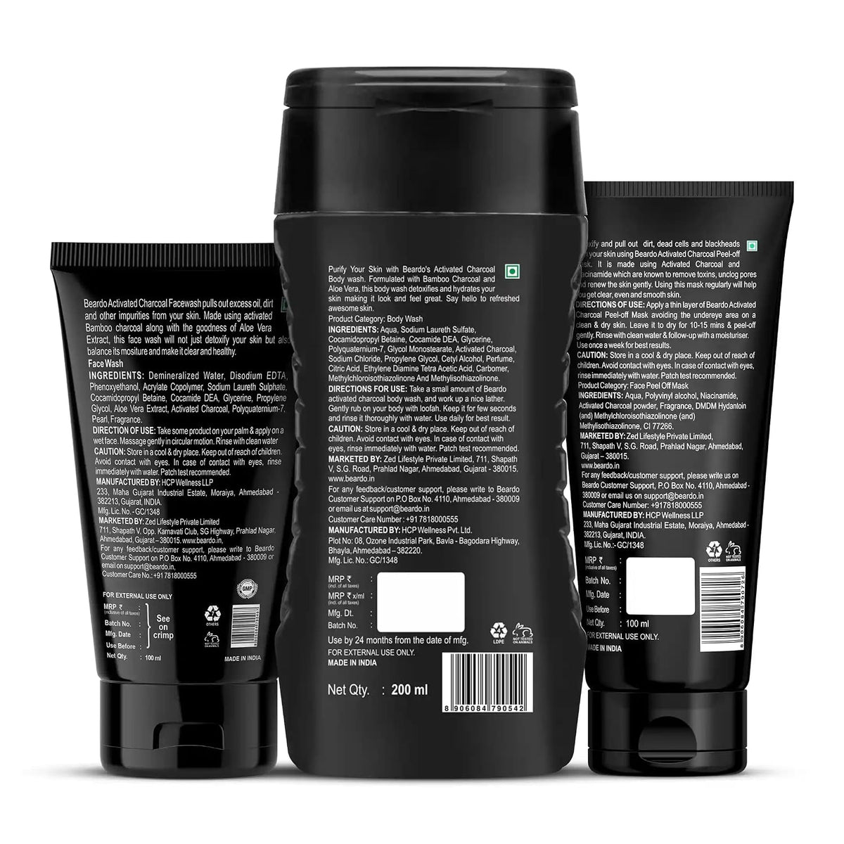 Beardo Charcoal Detox Kit | Facewash | Bodywash | Activated Charcoal Face Peel Off Mask | Detox Kit for Men | Beardo Grooming Kit for Men -Set of 3