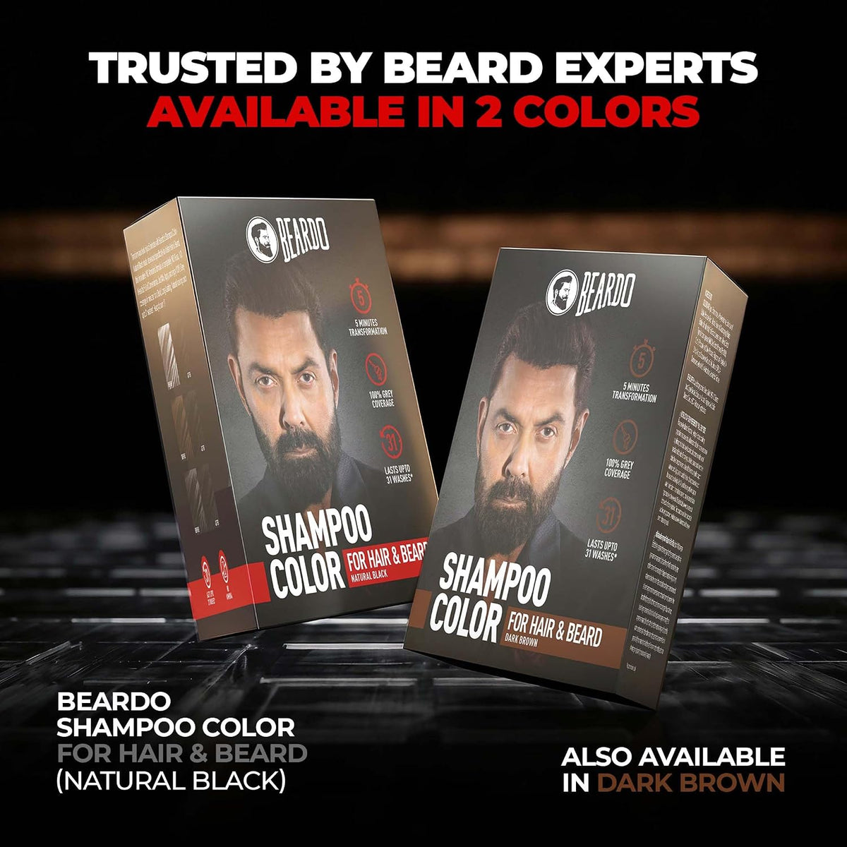 BEARDO Beard & Hair Shampoo Color | Natural Black | 100% Grey Coverage | 5 Minute Hair Colour | Ammonia Free | With Natural Actives | No Stain Beard Colour | 20ml X 5