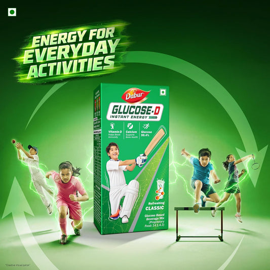 Dabur Glucose-D Instant Energy Drink Powder - 1kg (Carton)| Enriched with Vitamin D & Calcium | 99.4% Glucose Quick Energy Replenishment Formula | Easy to Mix Refreshing Drink
