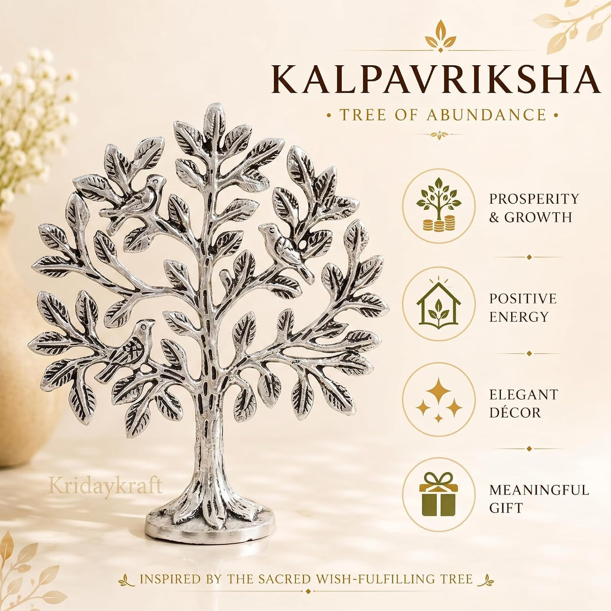 KridayKraft Metal Kalpavriksha Tree for Home Decor - Golden Wish Fulfilling Tree Metal Showpiece for Temple, Vastu, Office Table & Gifting Banyan (No 0 Silver)