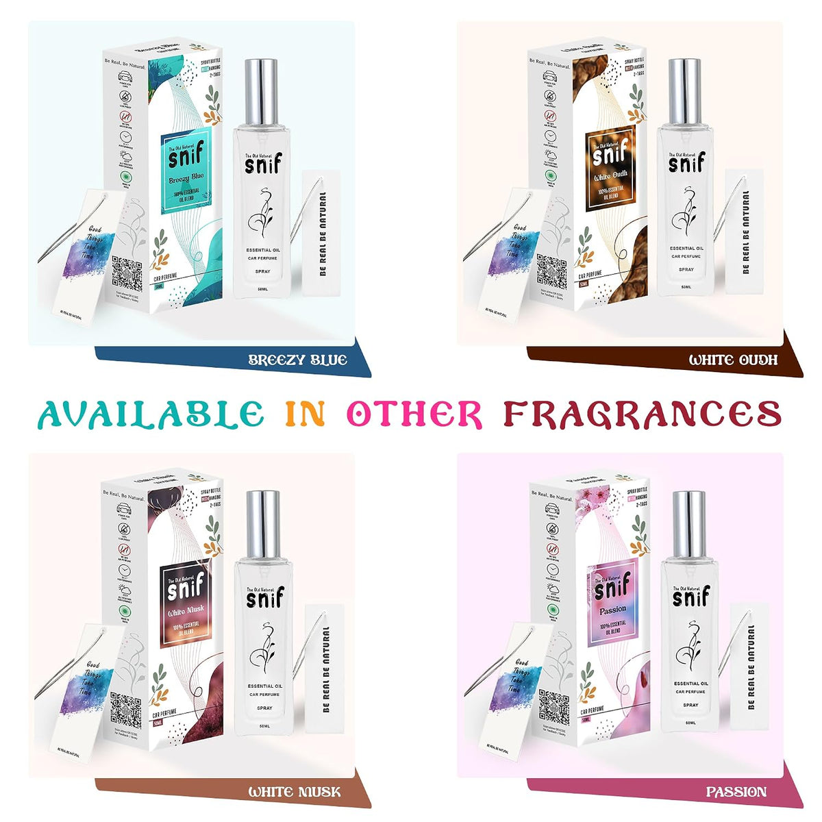 The Old Natural Spray Car Perfumes with Essential Oils Fragrance in Glass bottle with 2 Hanging Tags | Car Air Fresheners 50ml (White Oudh)