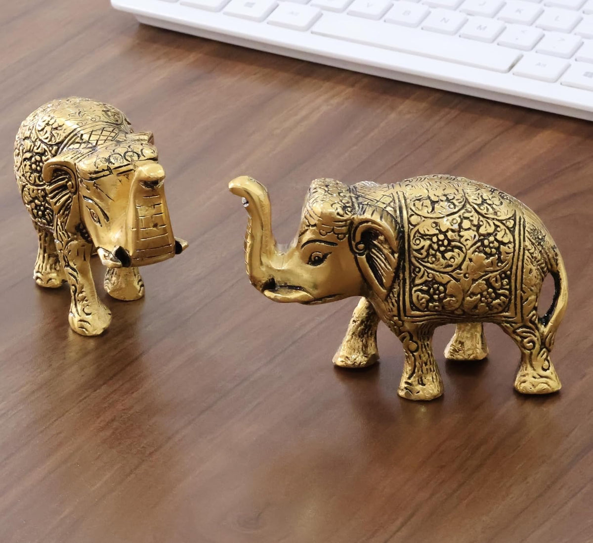 KridayKraft Metal Elephant Statue Small Size Gold Polish 2 pcs Set for Your Home,Office Table Decorative & Gift Article,Animal Showpiece Figurines...