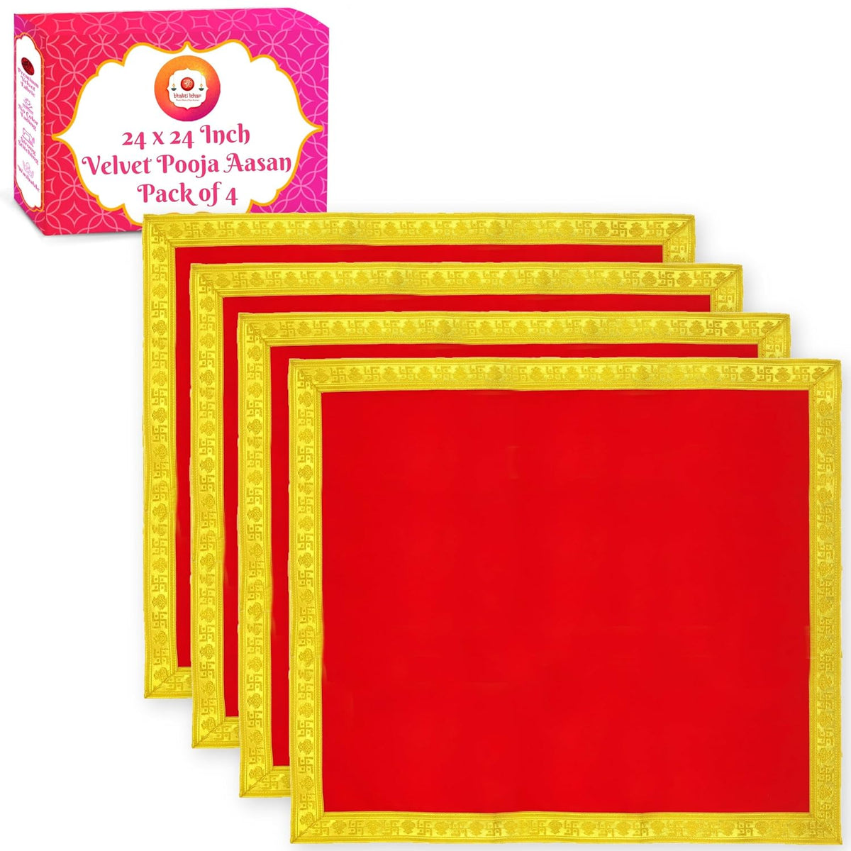 Bhakti Lehar Red Velvet Pooja Cloth | Aasan for God Idol Sitting, Mandir Shelf, Puja Chowki Table and Home Temple Decoration - Pack of 4 (24 x 24 Inch)