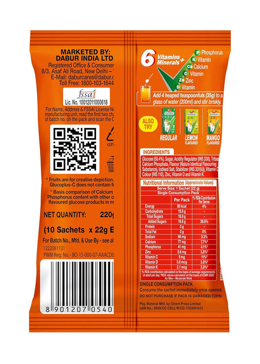 Dabur Glucoplus C Glucose Powder (Orange Flavour) 22gx10 Pouch