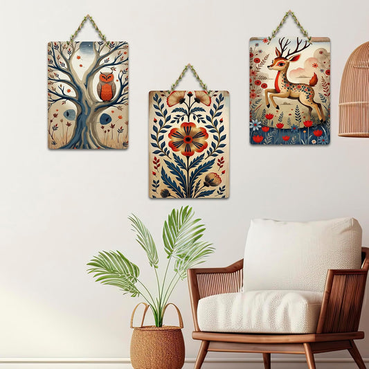 Artvibes Nature Theme Wall Art Wooden Art Decoration Item for Home | Graphic Artwork | Door Decoration Items | Paintings For Wall | Wall Poster | Handcrafted Art | Unique Gift (WH_96101N), Set of 3