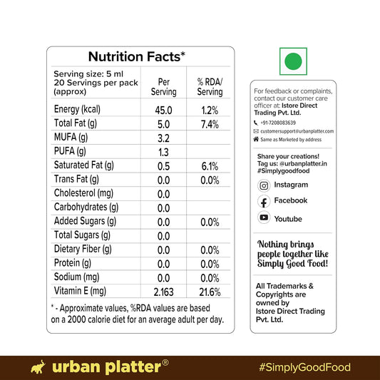 Urban Platter Cold Pressed Almond Oil, 100ml (Light Nutty Finishing Oil for Salads, Drizzling, Gourmet Baking & Natural Hair/Skin Nourishment)