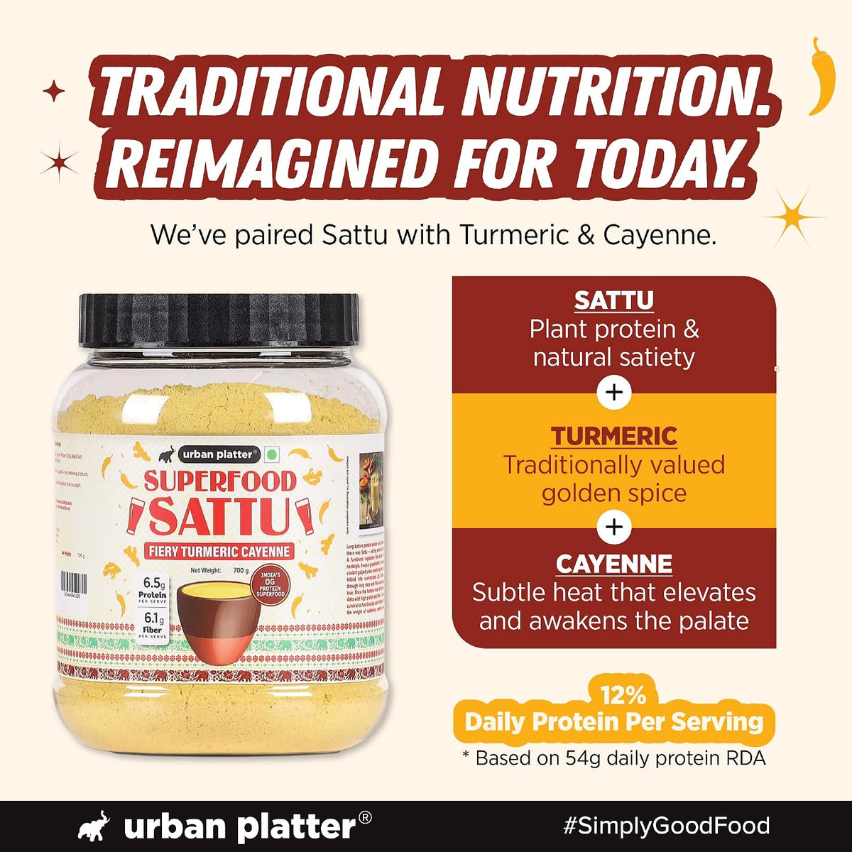 Urban Platter Turmeric Cayenne Superfood Sattu, 700g (High Protein & Fibre, Natural Coolant, Mid-Meal Drink, Traditional Plant Protein)
