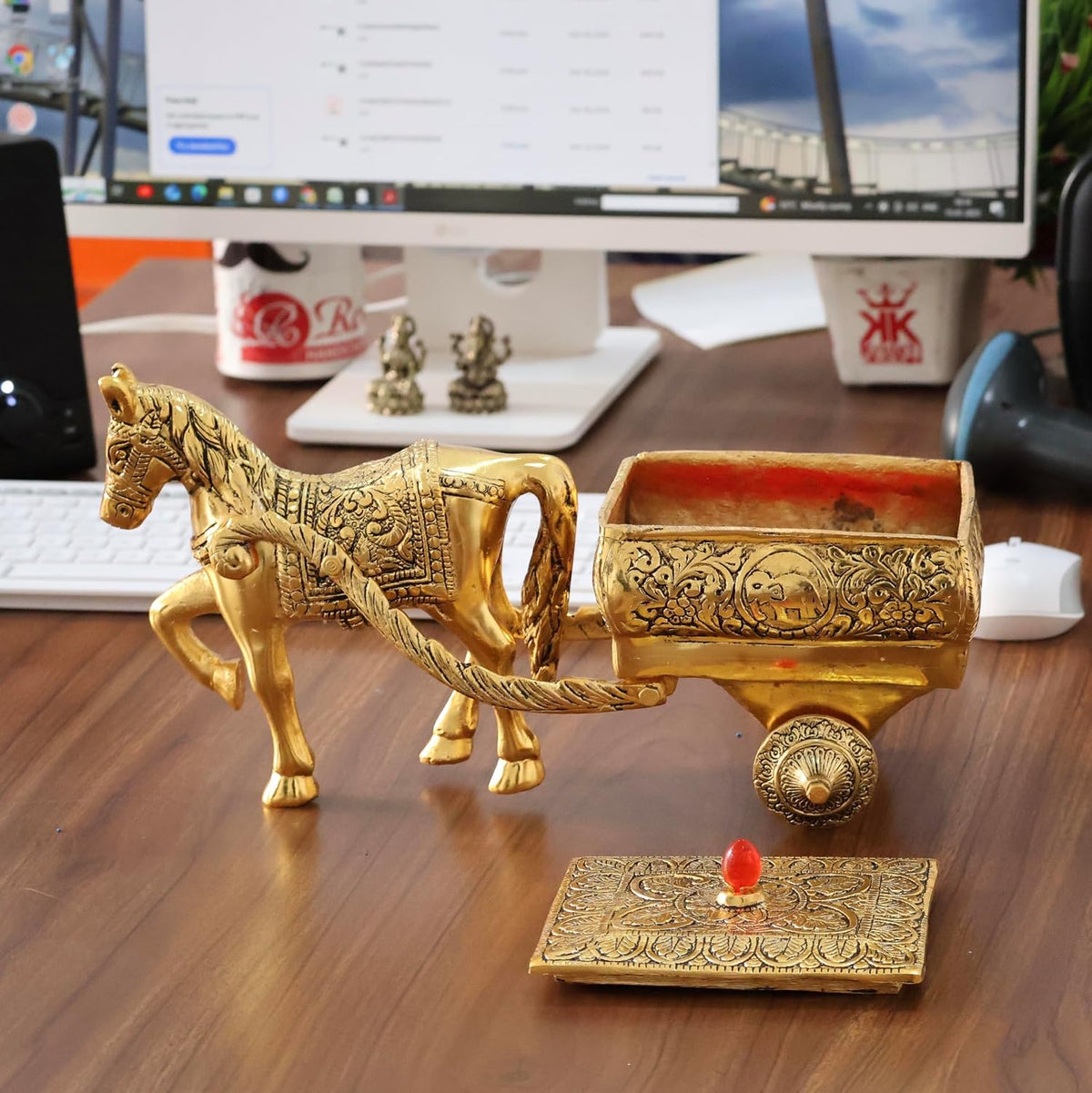 KridayKraft Horse Cart Aluminium Statue Gold Plated Horse Cart Murti Showpiece Religious Figurines Gift Article for Home and Office Table and Car Dashboard Decor (Golden)