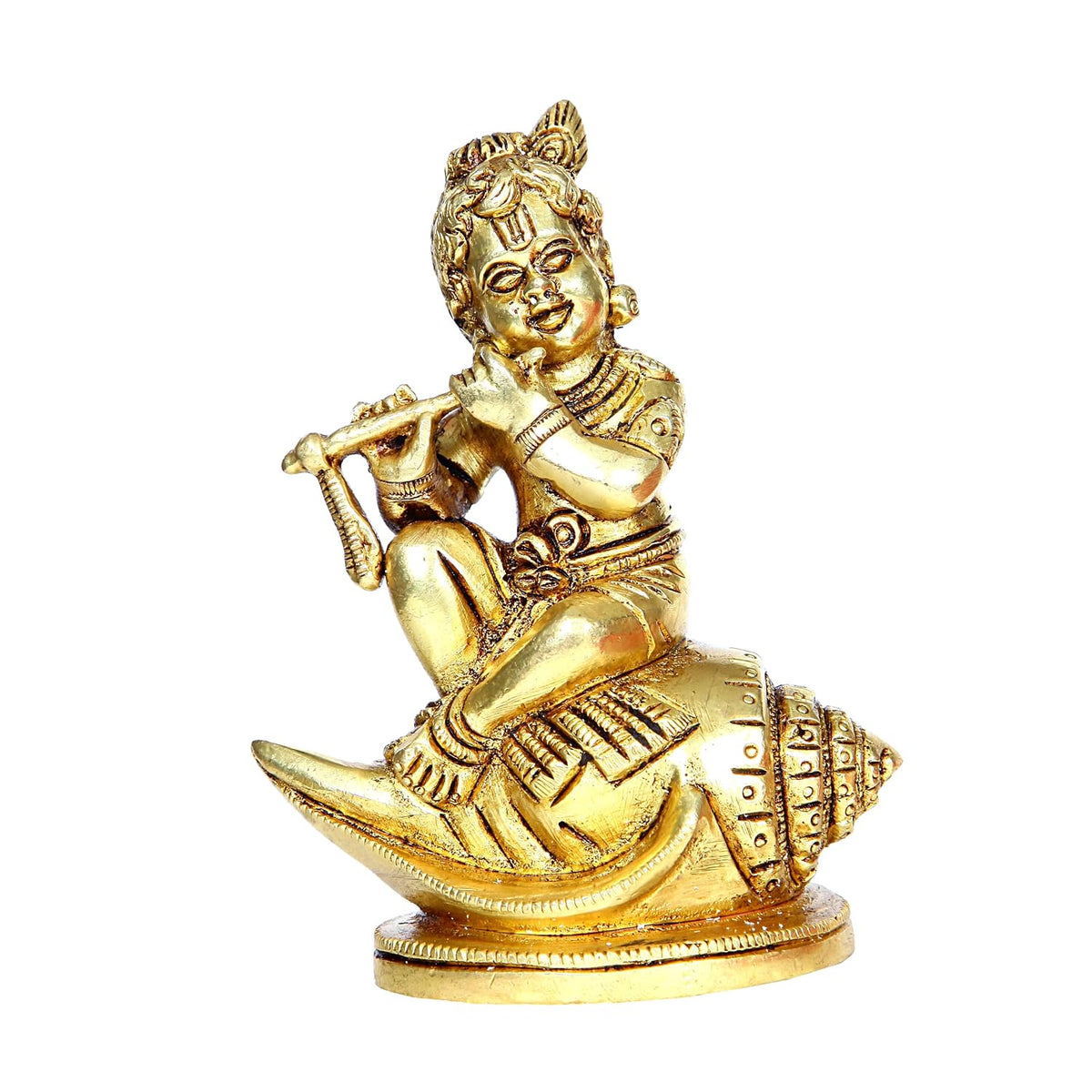 Aalayam Selveer Bal Krishna Sitting on Shankh Brass Statue | Krishna Sitting Idol | Gold Color, 11.5cm Height, 1 Piece
