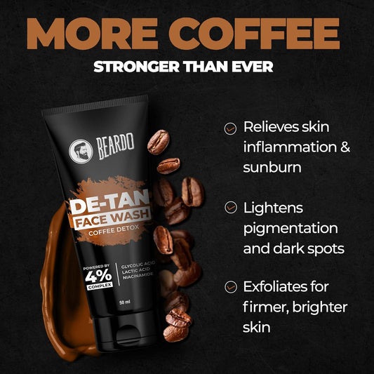 BEARDO DeTan Face Wash for Men, 50ml | Glycolic Acid,Niacinamide & Coffee | Helps to Reduce Tan,Reduce Dark Sports & Pigmentation | Exfoliates & Hydrates for Smooth & Oil Free Skin