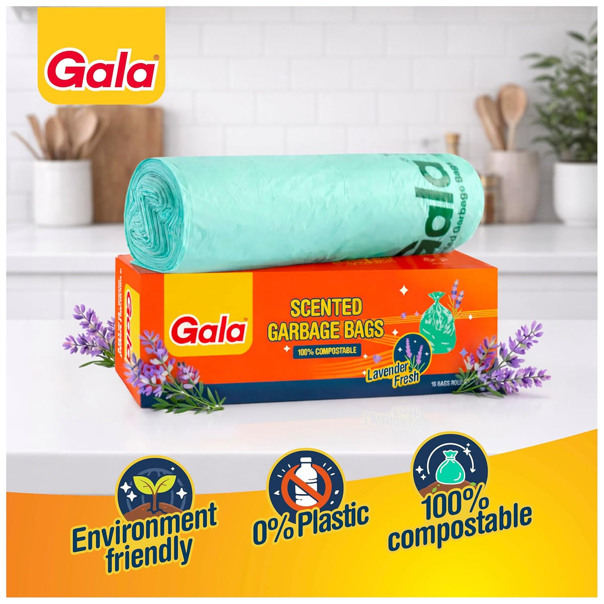 Gala Scented Compostable Garbage Bags, Medium Size, 15 Bags, Heavy Duty Dustbin Trash Bags, Lavender Fragrance, For Dry & Wet Waste, Kitchen, Home & Office Use