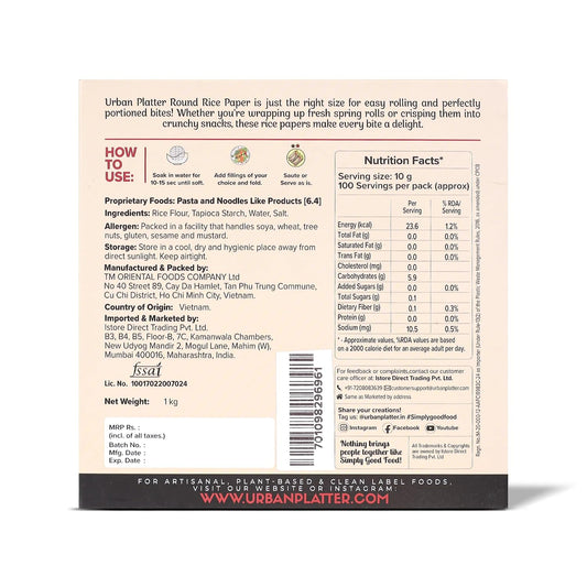 Urban Platter Large Rice Paper Sheets, 1kg (Vietnamese Spring Roll Wrappers Pan Asian Cuisine, Ideal for Rolls and Crackers)