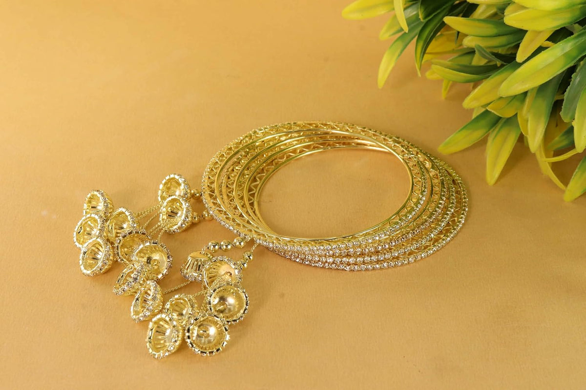 NMII Premium Alloy Metal Kada Set With Zircon Gemstone & Linked With Bell Latkan For Women & Girls | Traditional Jhumka Kalira Kada with Hangings | Wedding, Party, Festive Kaleera Bangles - Set of 4