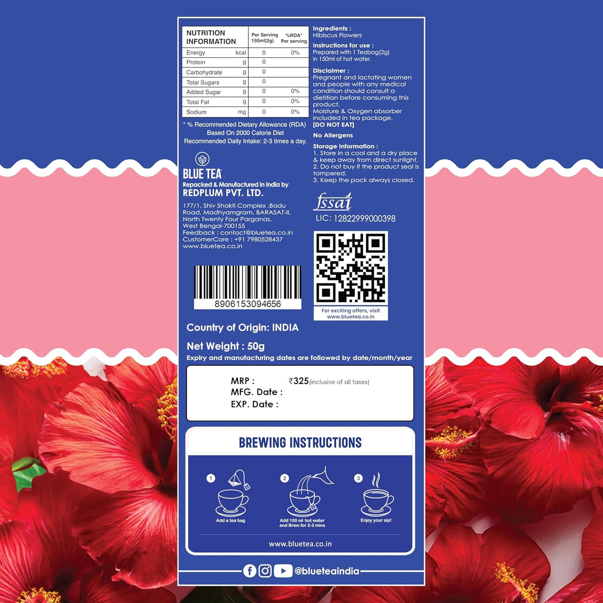 BLUE TEA - Hibiscus Tea - 25 Tea Bags - Plant Based | Supports Healthy Sugar Levels | Enhances Skin Glow | Caffeine Free - Herbal Tea - Tangy Flavour | Single Tear Tea Box | Easy Pull Sachets