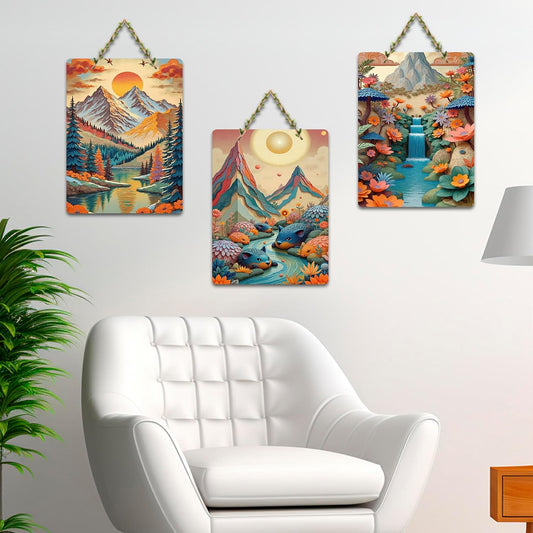 Artvibes Mountain, Waterfall & Floral Nature Modern Art Wooden Art Decoration Item for Home | Art For Wall | Door Decoration Items | Graphic Artwork | Wall Art Print | Unique Gift (WH_9642N), Set of 3