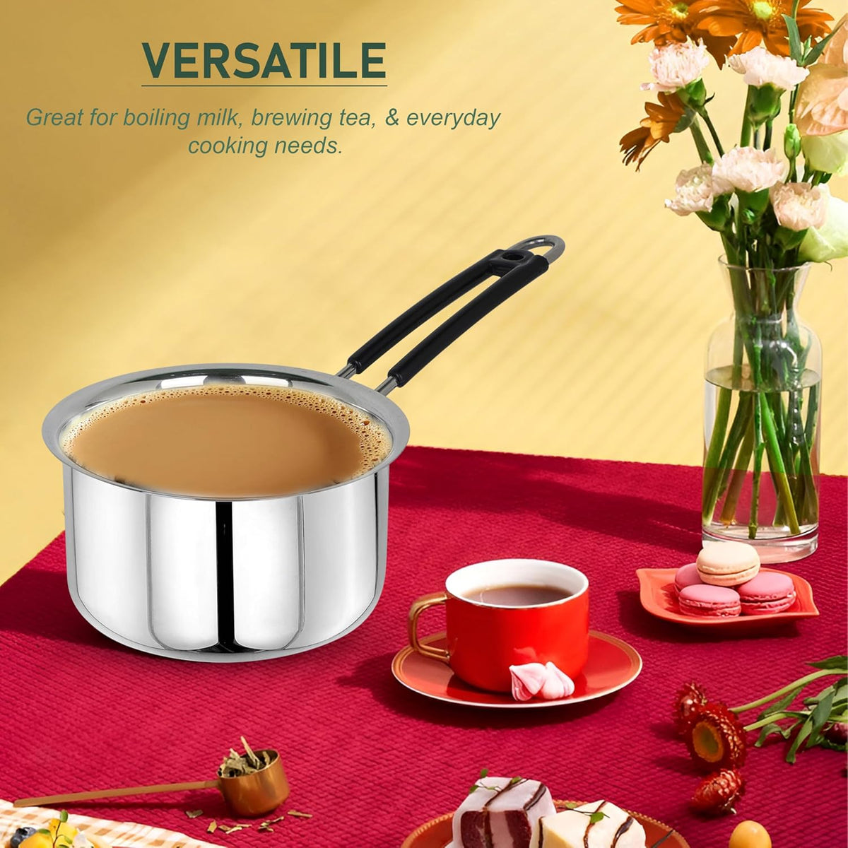 Parage 2 Pieces Stainless Steel Sauce Pan, Tea Pan, Milk Pan Heavy Gauge with Heat-Resistant Wire Handle Induction & Gas Stove Friendly (1.25 LTR & 1.75 LTR, Silver)