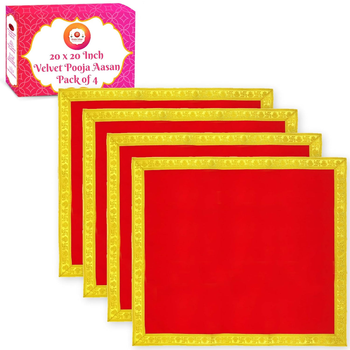 Bhakti Lehar Red Velvet Pooja Cloth | Aasan for God Idol Sitting, Mandir Shelf, Puja Chowki Table and Home Temple Decoration - Pack of 4 (20 x 20 Inch)