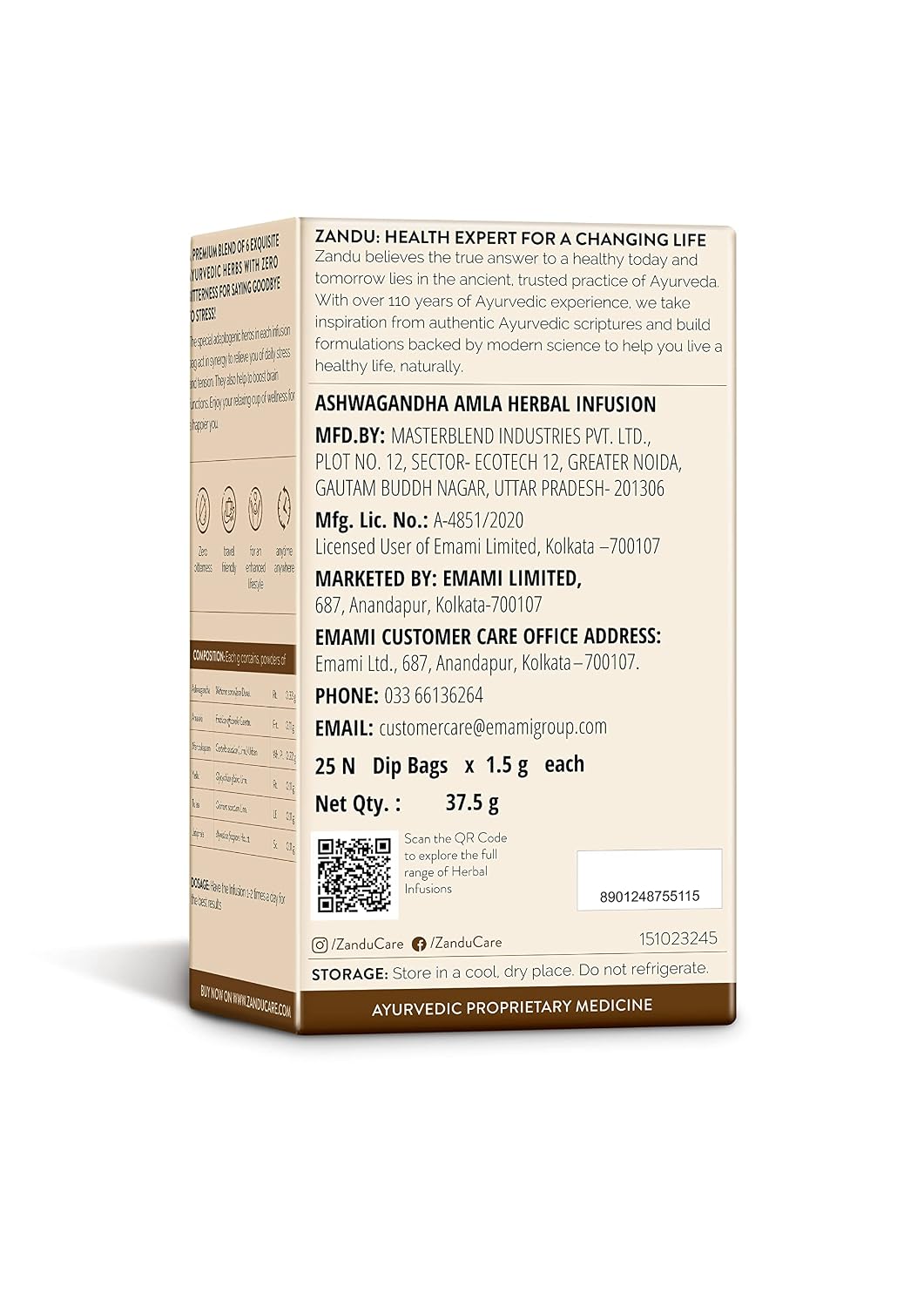 Zandu Ashwagandha Amla Ayurvedic Infusion, a Herbal Tea Enriched with 6 Ayurvedic Ingredients (25 Tea Bags)