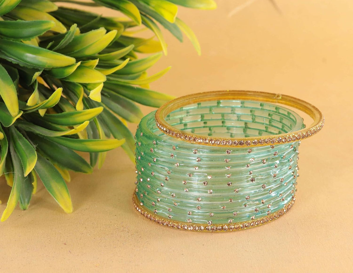 NMII Stylish Glass Bangles Set For Women & Girls With Studded Golden Gemstones | Bangle Set For Women | Crystal Glass Bangle Wedding, Daily, Festive - Set Of 24