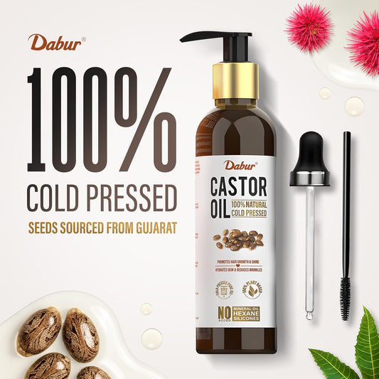 Dabur Cold Pressed 100% Pure Castor (Arandi) Oil - 200ml | Promotes Hair Growth, Hydrates Skin & Reduces Wrinkles | Rich in Vitamin E, Omega 6 & 9 | No Mineral Oil, No Hexane & No Added Silicones