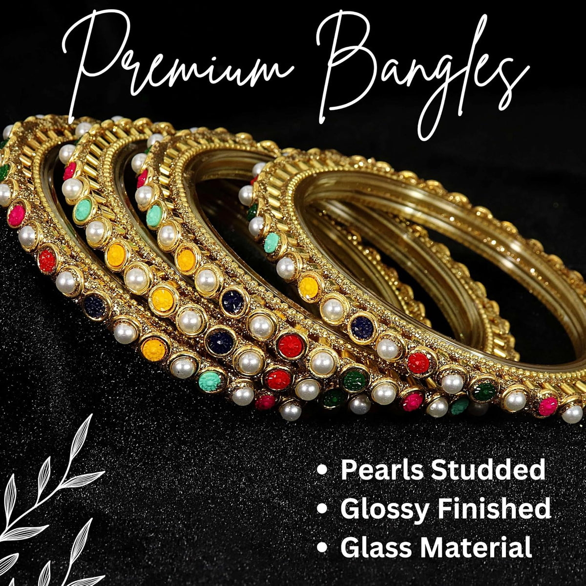 NMII Glass Golden Zircon Gemstone & Colorful Beads Studded Bangles Kada Set For Women & Girls | Traditional Stylish Kangan | Bangles For Women Glass | Wedding, Party, Occasion Wear Bangle- Set of 4