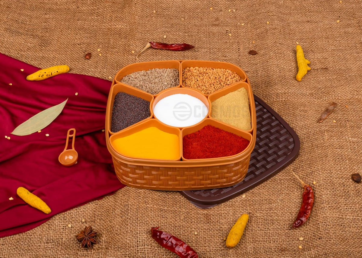 E-COSMOS® Plastic Square 7 Sections Multipurpose Masala Rangoli Dabba Box Set, Spice Box Set - Brown (Masala Box - 7 in 1)