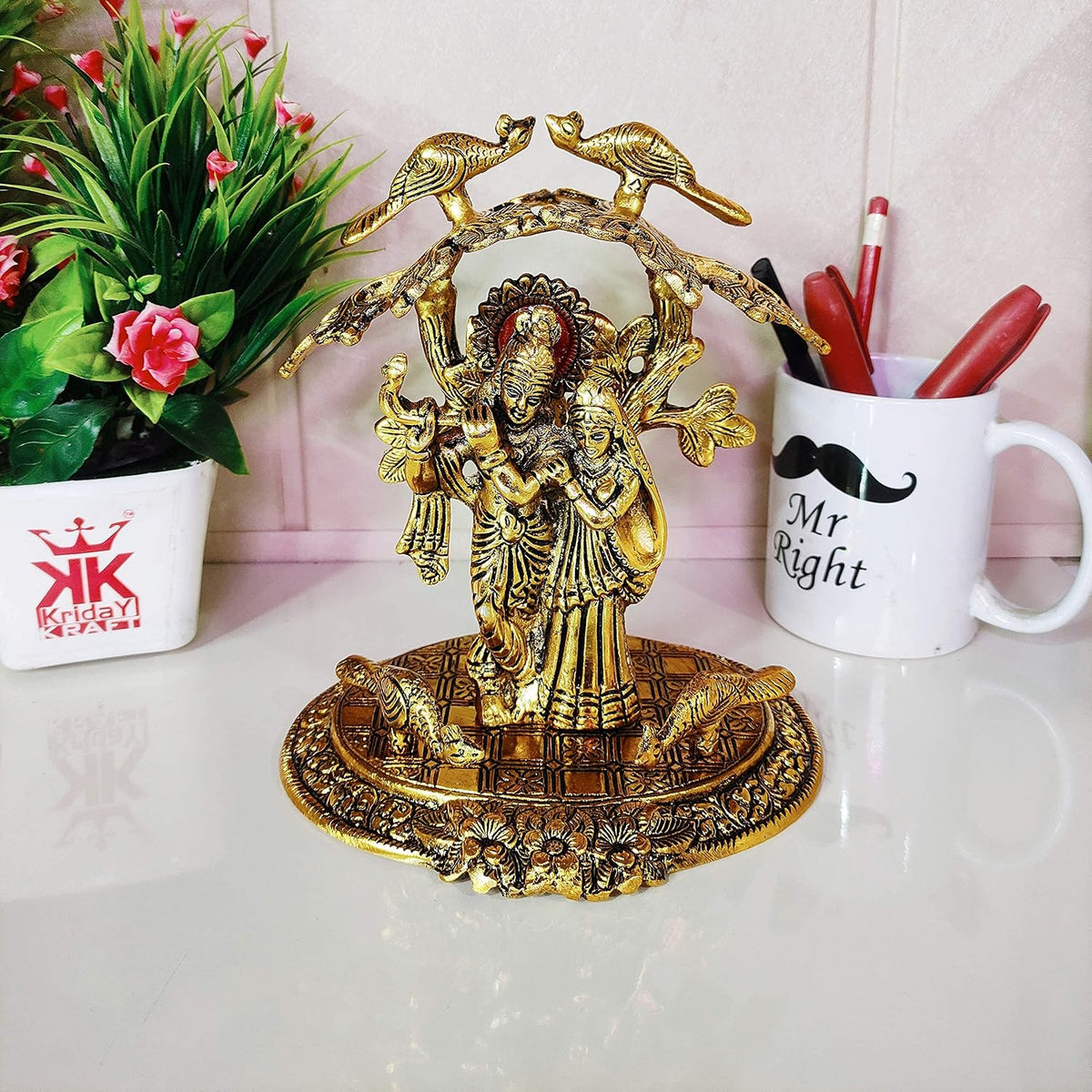 KridayKraft Radha Krishna Standing Playing Flute Under Tree idol Metal Statue Gold Antique Finish for Pooja & Home,Office Decorative,Radha Krishna Murti Showpiece Figurines,Religious idol Gift Article...