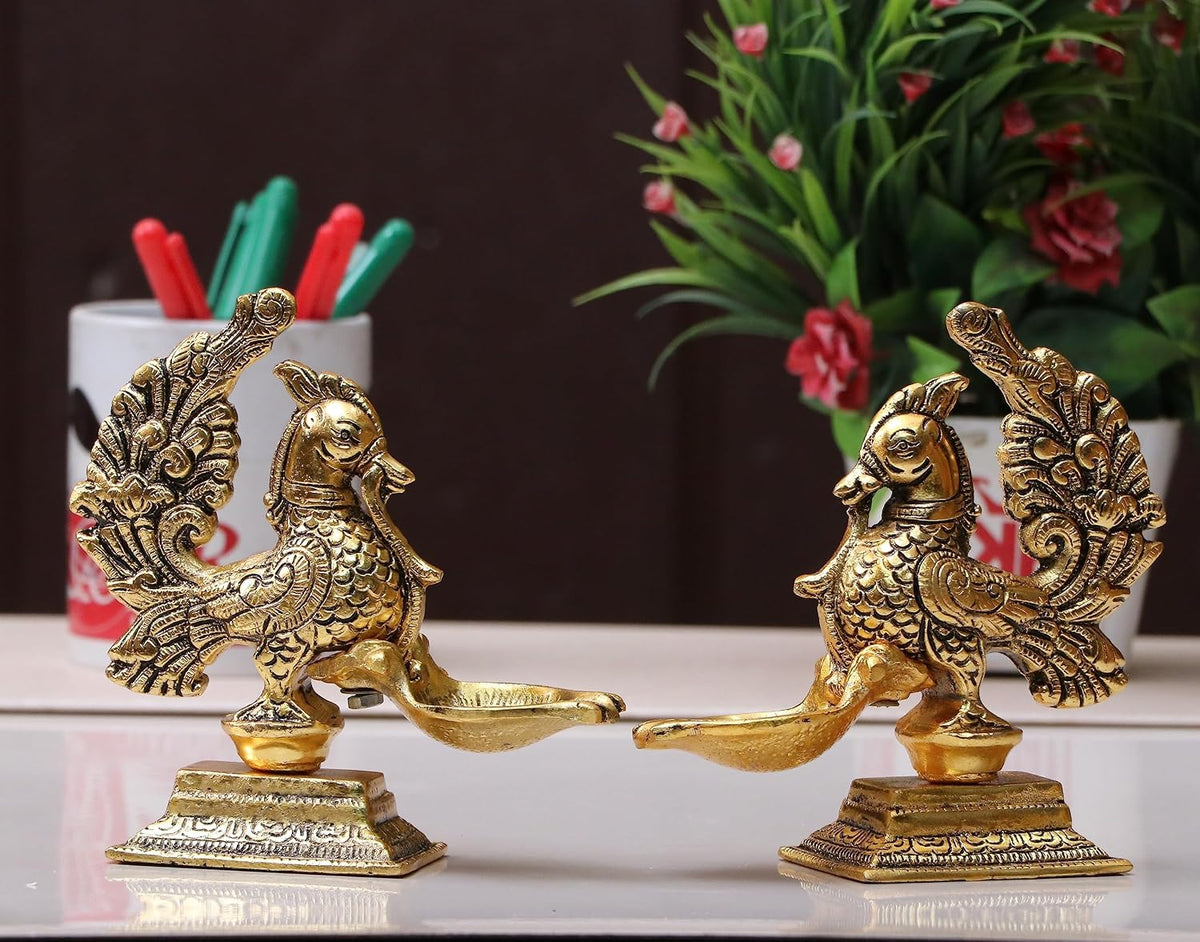 KridayKraft annapakshi deepam Set of 2 pca Metal Handmade with Curved Oil Lamp Antique Peacock Deepak for Home Decor Temple Puja Office Counter Diwali Decoration Festival Gift (Light)