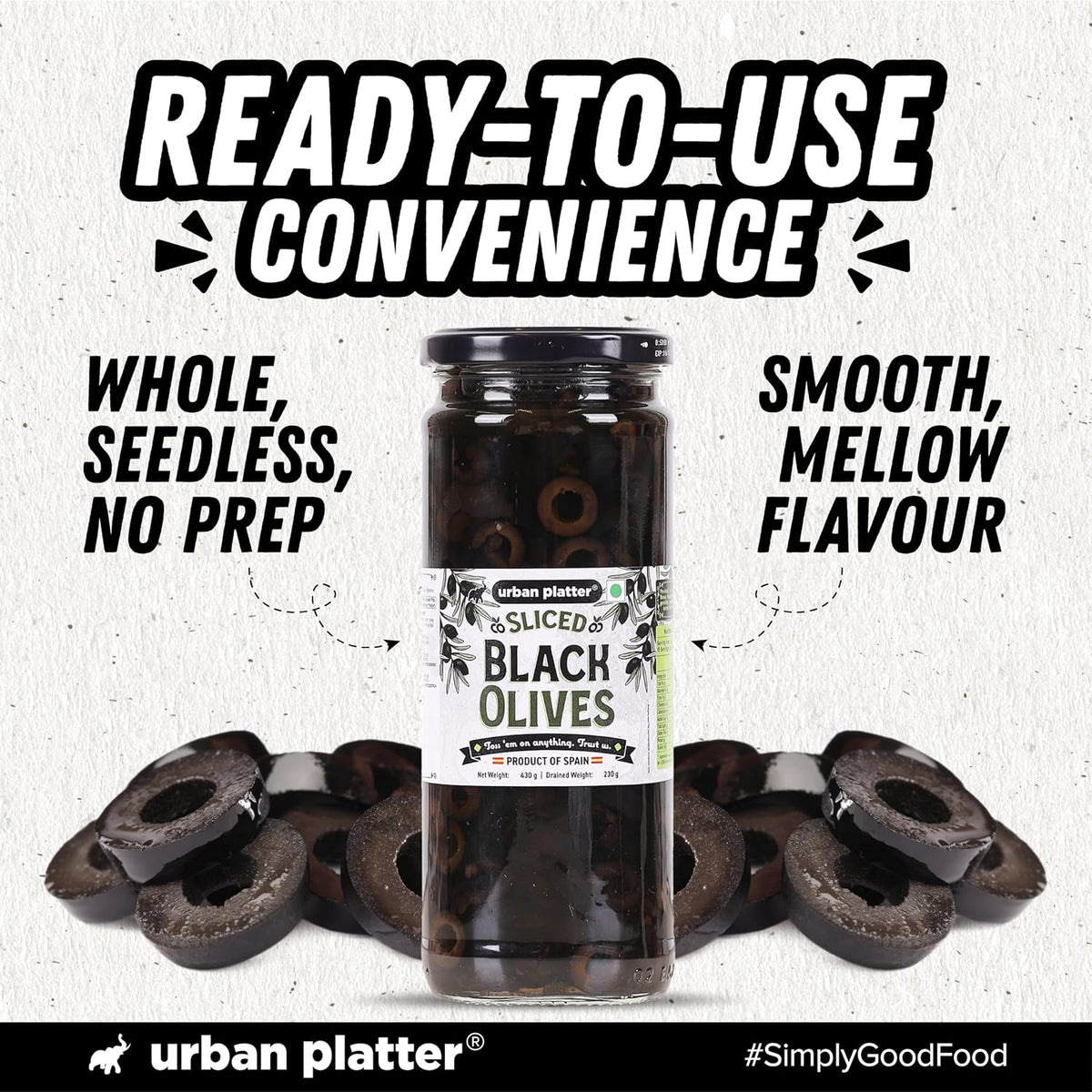 Urban Platter Sliced Black Spanish Olives, 430g (Bold, Savoury Mediterranean Flavour | Perfect for Pizzas, Pastas, Nachos & Salads)