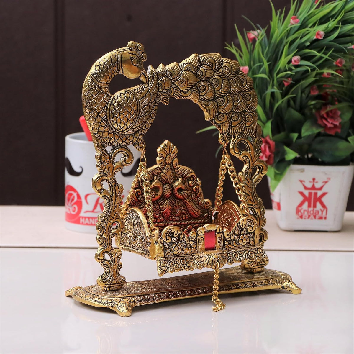 KridayKraft Metal Laddu Gopal Jhulla for Janmastmi Festive Gold Plated Decor Your Home Metal Palna for Krishna ji, Temple Office,Gift Article.