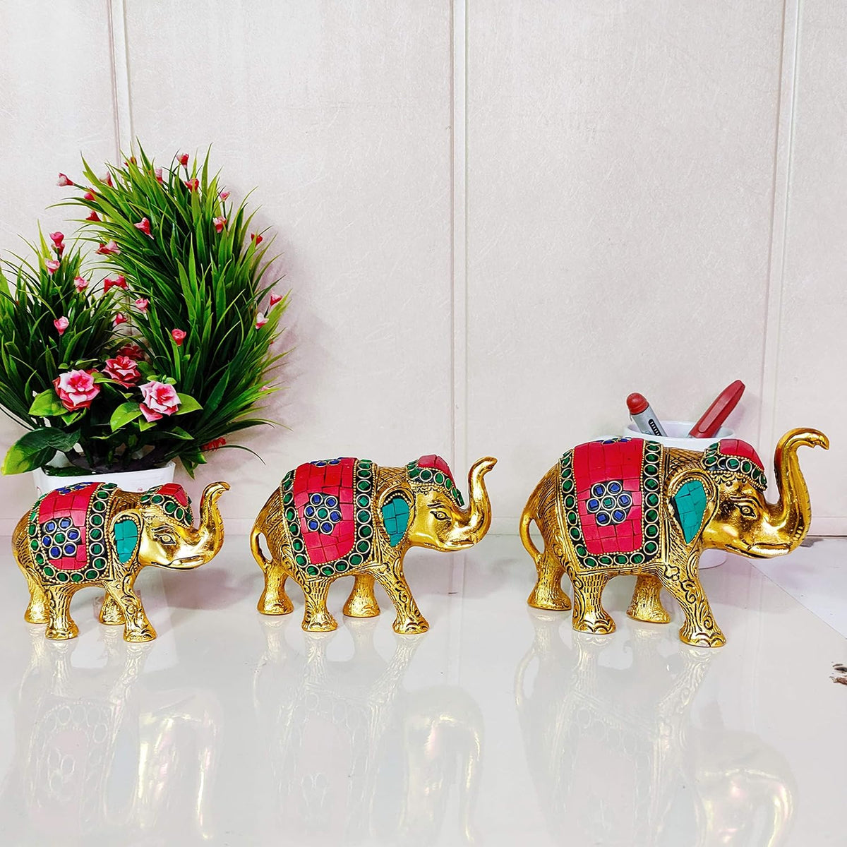 KridayKraft Metal Elephant Set with Stone Work Set for Showpiece Enhance Your Home, Office & Table and Gift for Have House Warming Anniversaries, Birthday (3 pcs)
