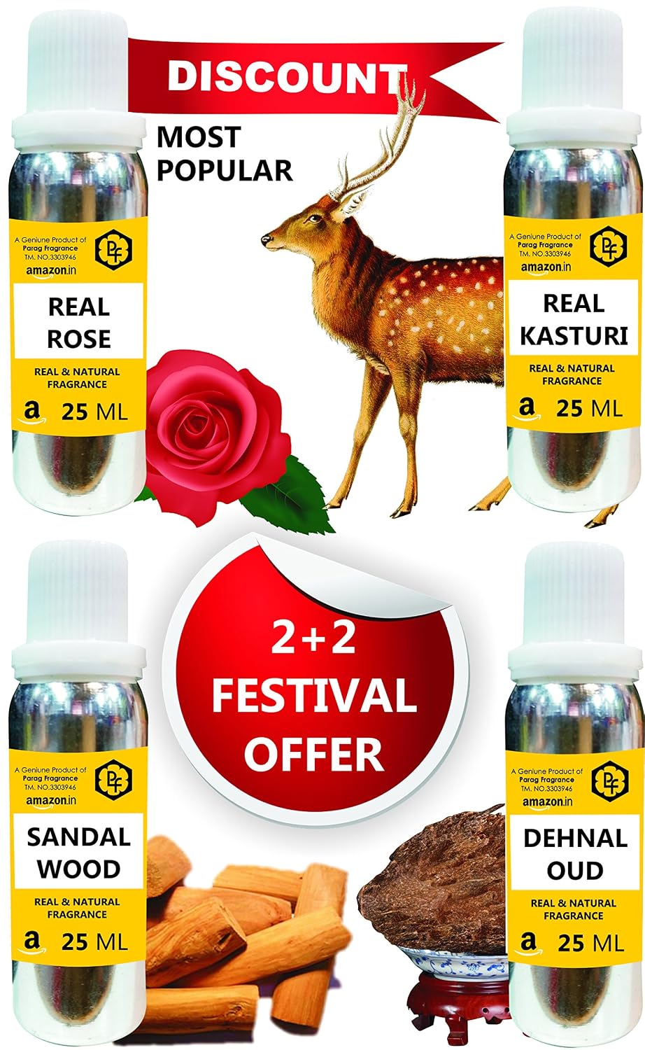 Parag Fragrances Worlds Most Popular Liquid Attars 2 + 2 Offer Real Rose, Sandalwood, White Oud & Real Kasturi All Attars Are 25ml Each, Natural & Long Lasting For Unisex