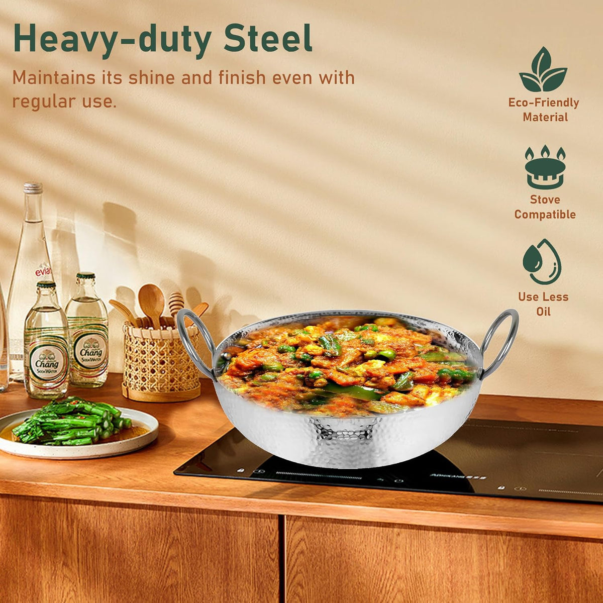 Parage 1 Pieces Stainless Steel Hammered Kadhai 2 LTR with Heavy Bottom for Kitchen/Utensils for Cooking, Deep Frying | Gas Stove Friendly Cookware (Silver)