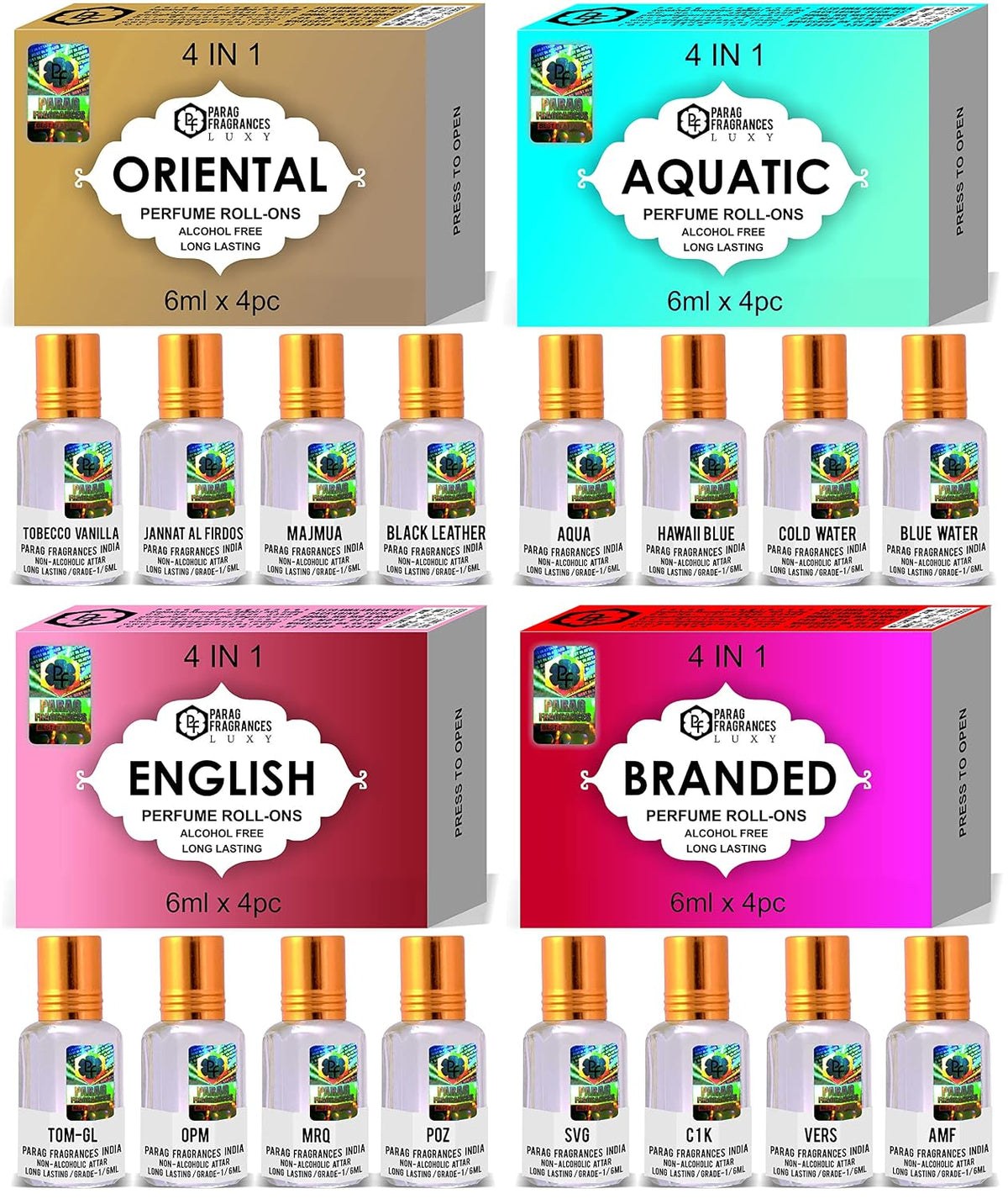 Parag fragrances Unisex Natural, Pure & Long Lasting Liquid Sandalwood Scented Attar Gift Set (Sandal 4 In 1),6 Ml