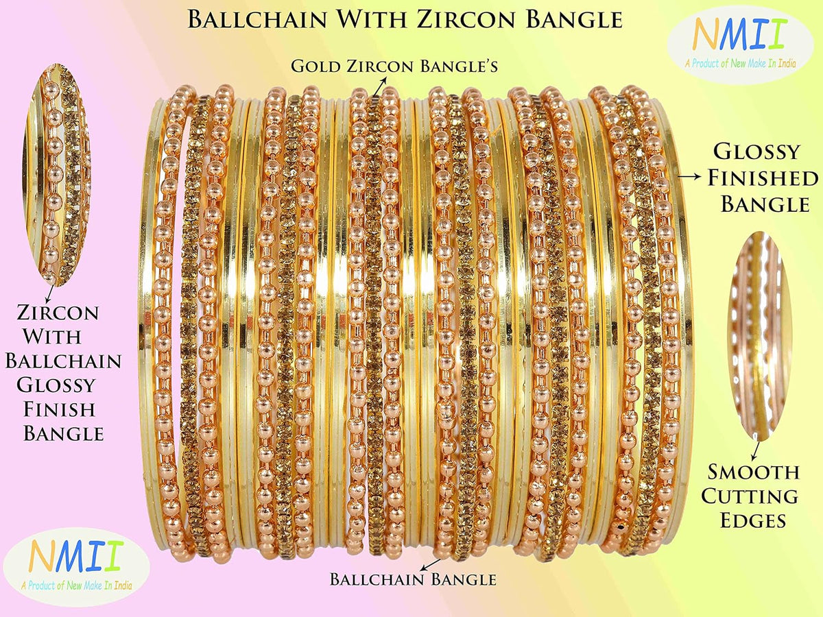 NMII Non-Precious Metal Base Metal With Zircon Gemstone and Linked With Ball Chain and Plane Bangles Set For Women and Girls