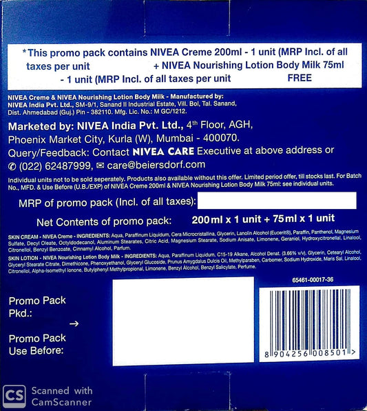 Nivea Cream 200ml with Nourishing Lotion Body Milk 75ml