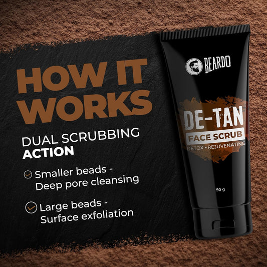 BEARDO DeTan Face scrub for Men, 50g | Coffee Face Scrub for Blackhead & Tan Removal | Glowing Skin with Dual Bead Exfoliation | Reduce Dark Spots & Oil Control