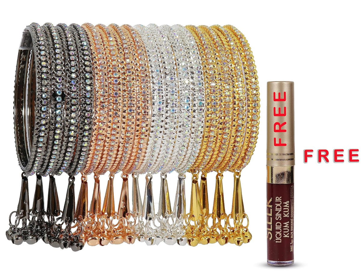 NMII Alloy Metal With Zircon Gemstone and Bells Latkan Linked Traditional Bangles Set For Girls and Women