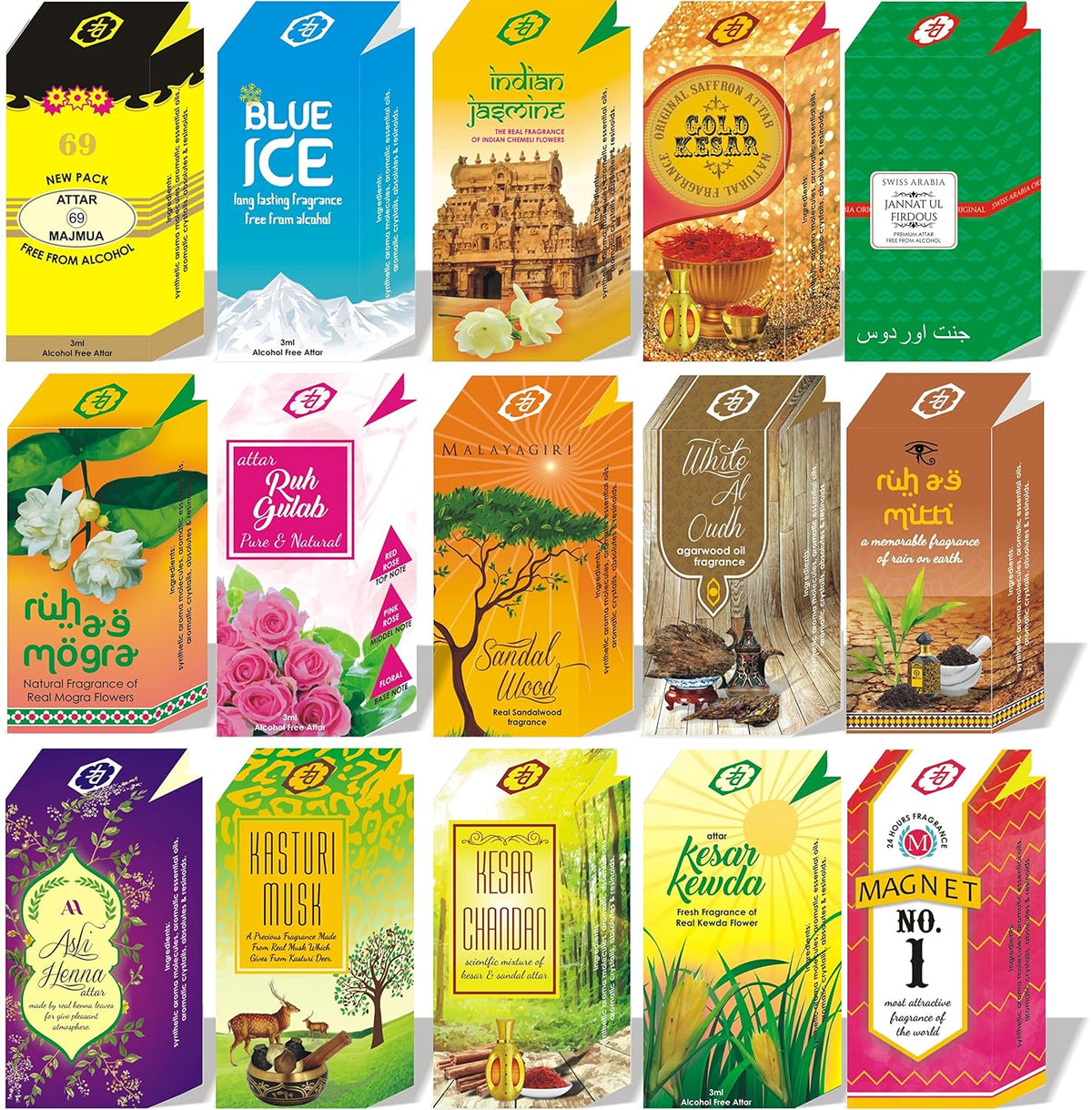 Parag Fragrances 4 ml 6 pc Combo Of Jannat al Firdaus, Jasmine, Majmua, Blue Ice, Ruh Kewda & Magnet No 1 Premium Quality Attar Alchol Free And Long Lasting For Men And Women.