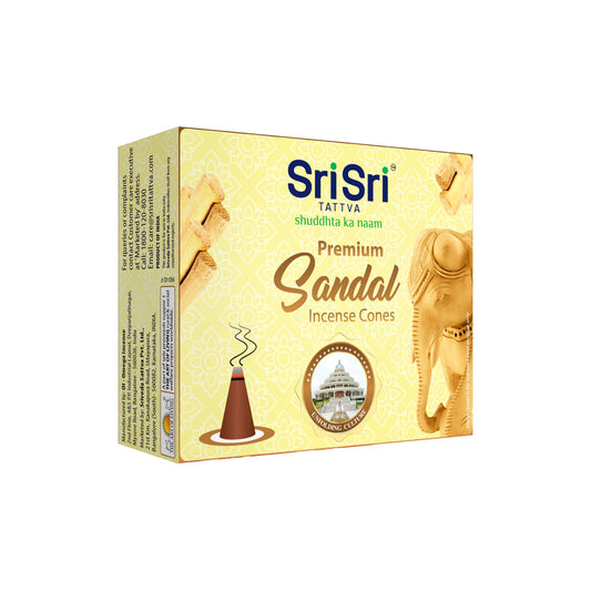 Sri Sri Tattva Premium Sandal Incense Cones For Pooja | 12 Dhoop Cones | Fragrances – Natural Sandal | Free Stand | 25 g
